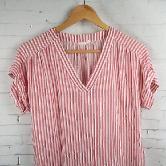 GAP ROSE PINK & WHITE STRIPE SHORT SLEEVE V NECK TOP SIZE SMALL - Picture 5 of 10